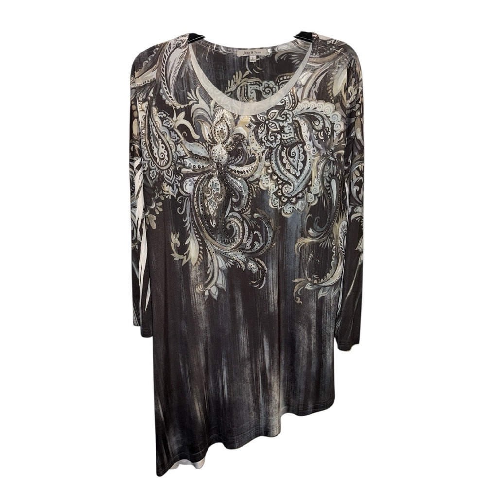 Jess & Jane Top Tunic Large Embellished Gray Boho Asymmetrical Art to‎ Wear